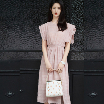 Candy Keen Liu Shining the same dress plaid contrast color round neck Feifei sleeves waist thin mid-length skirt female