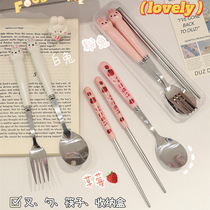 In high value strawberry chopsticks spoon thickening portable tableware three pieces of pink maiden heart stainless steel fork