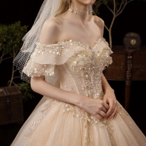 2022 Summer new bride trailing lined with shoulder main wedding dress Mori ensemble superfairy dream starred tennis red gown