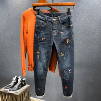 2022 Summer new jeans Mens Tide Cards Embroidered elastic body small feet Spring summer mens straight drum pants