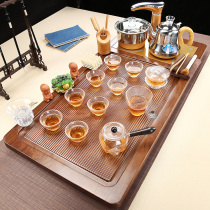 Glass kung fu tea set household flat tea tray solid wood fully automatic water boiling tea table set electric tea stove