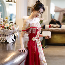 Chinese style toast dress bride 2021 new summer thin one-word shoulder red wedding dress Chinese style Xiuhe dress