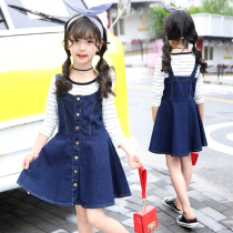 next dears girl denim dress set new spring and autumn dress foreign style medium child strap skirt two-piece set