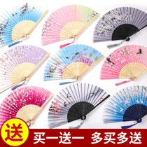 Ancient style small folding fan Female Hanfu Cheongsam Chinese style Japanese style classical summer folding fan Dancing tassel dance fan