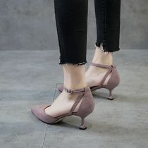 Shallow pointed single shoes women 2021 new high heels girl one-character button cat heels thin and Joker 5cm middle heel
