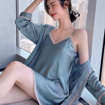 Sleepwear Womens Summer Ice Silk Thin lace 2021 New spring autumn Sexy harness Sleeping dress Sleeping robe Two sets
