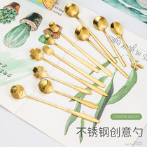 Stainless steel mixing spoon Long handle cherry blossom spoon Titanium rose spoon with hand gift flower spoon Leaf spoon Small square spoon