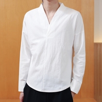 Chinese style cotton linen ancient style jacket Chinese youth Tang suit mens clothing autumn long sleeve T-shirt costume