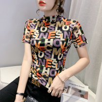 Tide brand fashion printed short-sleeved T-shirt womens 2021 summer new foreign style mesh top slim all-match base shirt