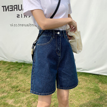 High waist denim shorts womens summer 2021 new wide leg loose five-point pants large size straight tube thin denim pants