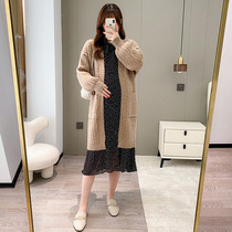 Pregnant women autumn suit Korean knitted cardigan sweater dress long large size coat tide mom loose coat