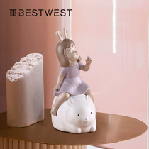 New product Girl and rabbit resin ornaments creative birthday holiday gifts Hand-cranked rotating base music box