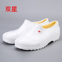 Double star white low-top women winter rain shoes plus velvet warm Men car wash water shoes food work hygiene rain boots