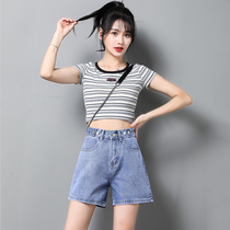  Bo Kaki 2021 new summer high-waist denim shorts womens loose and wild girl wide legs thin a-line hot pants