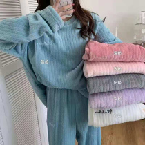 ins daily color ~ Korean style girl flannel pajamas cute Net red can wear autumn and winter round neck suit