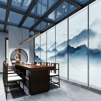 New Chinese soft partition office screen living room electric roller curtain tea room blackout curtain ink landscape painting hanging curtain