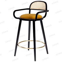 Nordic retro rattan solid wood bar chair cafe home dining chair designer new Chinese armrest bar stool