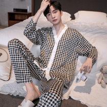 Lezimeng mens pajamas spring and autumn long sleeves ice silk premium sense of youth net red home wear silk mens set