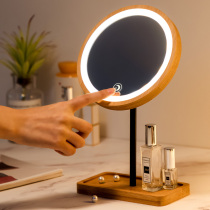Wooden desktop makeup mirror led with lamp charging home dormitory small desktop dressing makeup makeup gift