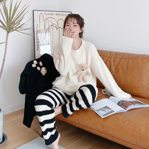 Soft and cute super cute ~ three-dimensional pocket bear pajamas female autumn and winter coral velvet thick sweet wool set