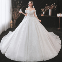 Word shoulder main wedding dress 2021 new niche design starry sky luxury big tail summer temperament bride small man