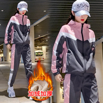 Plus velvet padded autumn and winter sportswear set women 2021 new fashion clothes middle school students casual two-piece tide