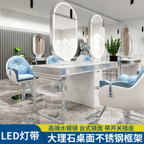  Net celebrity barber shop mirror table Hair salon special makeup mirror single and double-sided with LED lights Marble desktop hot dyeing mirror