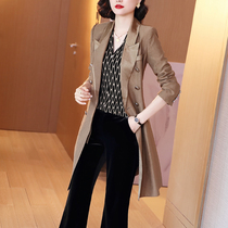 Acetic acid long windbreaker womens long sleeve 2021 New Autumn Winter Vintage Handsome suit collar slim knee jacket