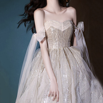 High-end evening dress dress womens autumn banquet temperament long champagne celebrities niche light luxury host Fairy winter