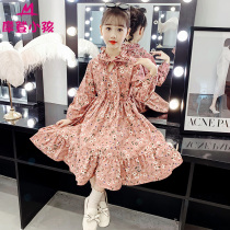  Girls  long-sleeved dress 2021 new autumn Western style childrens middle and large childrens floral long skirt thick cotton skirt