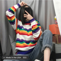 2021 good thing recommended autumn and winter rainbow striped pullover loose sweater round neck Korean version of Wild base shirt
