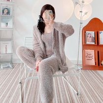 Soft velvet ~ home good quality pajamas three-piece set women autumn and winter thickened imitation mink plush hooded home clothing