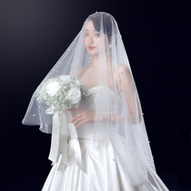 2021 new personality pearl veil handmade beads Swiss gauze photo styling Bride wedding veil