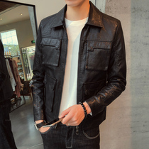 Mens leather clothing 2021 new spring and autumn winter plus velvet slim trend handsome tooling motorcycle jacket mens leather jacket