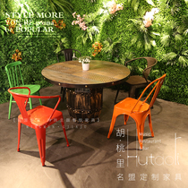 Grilled fish barbecue theme restaurant tables and chairs round iron hot pot table round table combination wholesale retro industrial style table