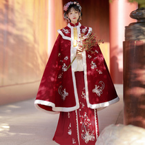 Original Chuangming cloak Hanfu women plus velvet padded horse skirt coat Chinese style cloak costume Red Winter