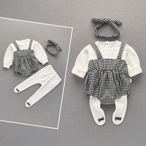 Korean baby clothes suit womens baby bag fart kha-clad foreign air spring fall Two months One year old out of spring clothing