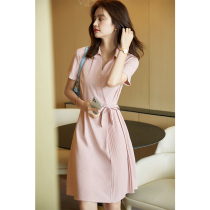 Pink shirt dress feminine temperament professional commuter summer 2021 new lace-up waist thin mid-length skirt