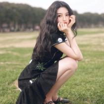 Black short cheongsam 2021 new young girl dress summer fishtail retro embroidery little man