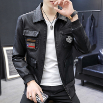 New mens leather clothing Tide brand Joker handsome lapel short locomotive clothing leather jacket slim spring and autumn coat men