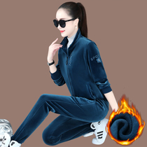 Golden velvet sports suit womens autumn and winter plus velvet thickened fashion foreign style stand collar sweater two-piece winter womens coat