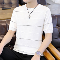 Summer short-sleeved sweater mens ice silk T-shirt tide Korean version striped teen student personality ice hemp half-sleeve sweater