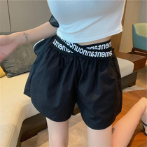 South Korea 2021 summer letter design sense black high waist wide leg shorts women loose thin hot pants casual pants tide