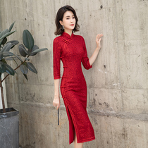 Red cheongsam 2021 new young winter Chinese New Year dress womens wedding banquet Chinese style