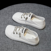 Tide brand leather white shoes womens 2021 new autumn square head shallow mouth breathable casual shoes net red two-wear canvas shoes