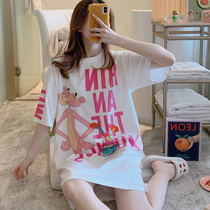 Sleeping skirt women summer cotton long spring and autumn summer cute thin princess cotton pregnant women short sleeve loose pajamas white leopard