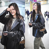 Kidman law generation maje21 autumn Song Yanfei with black loose sheepskin leather classic loose motorcycle suit jacket