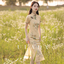 ULADY 2021 new womens summer elegant modified cheongsam retro Chinese style flower mid-length young