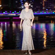 High-end banquet evening dress dress womens new 2021 explosive temperament senior sense champagne gold sequins annual host