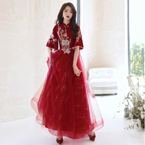 Toast service Bride wedding 2021 New Chinese style back door long sleeve winter burgundy dress show female Autumn Winter